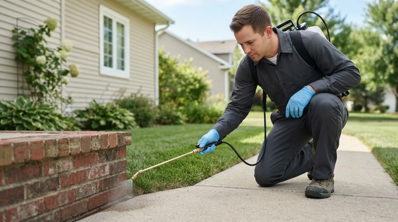 Pest control technician treating a home near Huron, IN